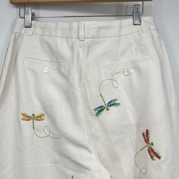 Paraphrase Womens 6 Dragonfly Embroidered Cropped White Lined Linen Pants Boho - Picture 7 of 11